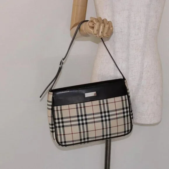 BURBERRY Nova Check Shoulder Bag Canvas Beige Silver Auth 1 - Picture 1 of 16